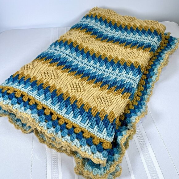 Vintage Handmade Crochet Throw Blanket Blue & Mustard Geometric Afghan MCM Boho - Picture 1 of 9